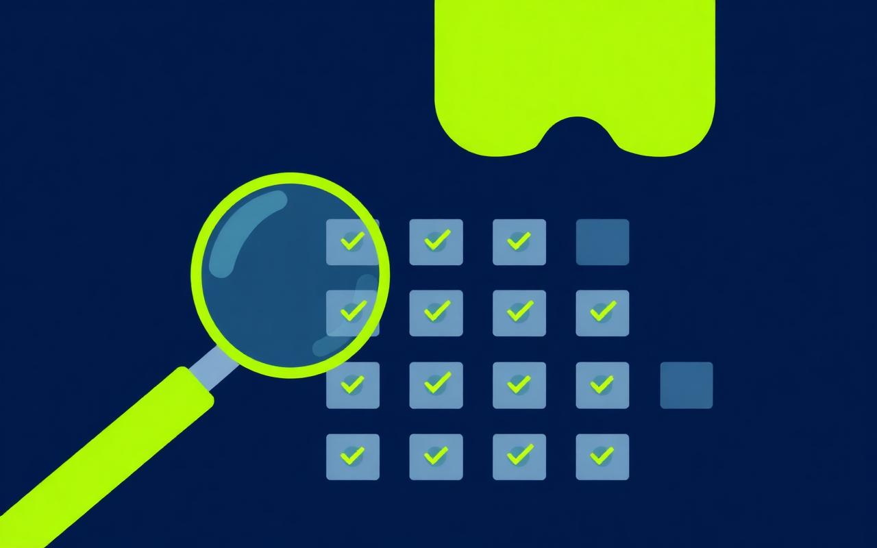 Illustration of a magnifying glass inspecting a grid of domain cards
