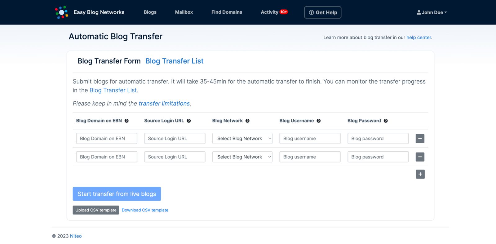 Easy Blog Networks automatic blog transfer form with fields for domain, source login URL, network, username and password, plus CSV upload