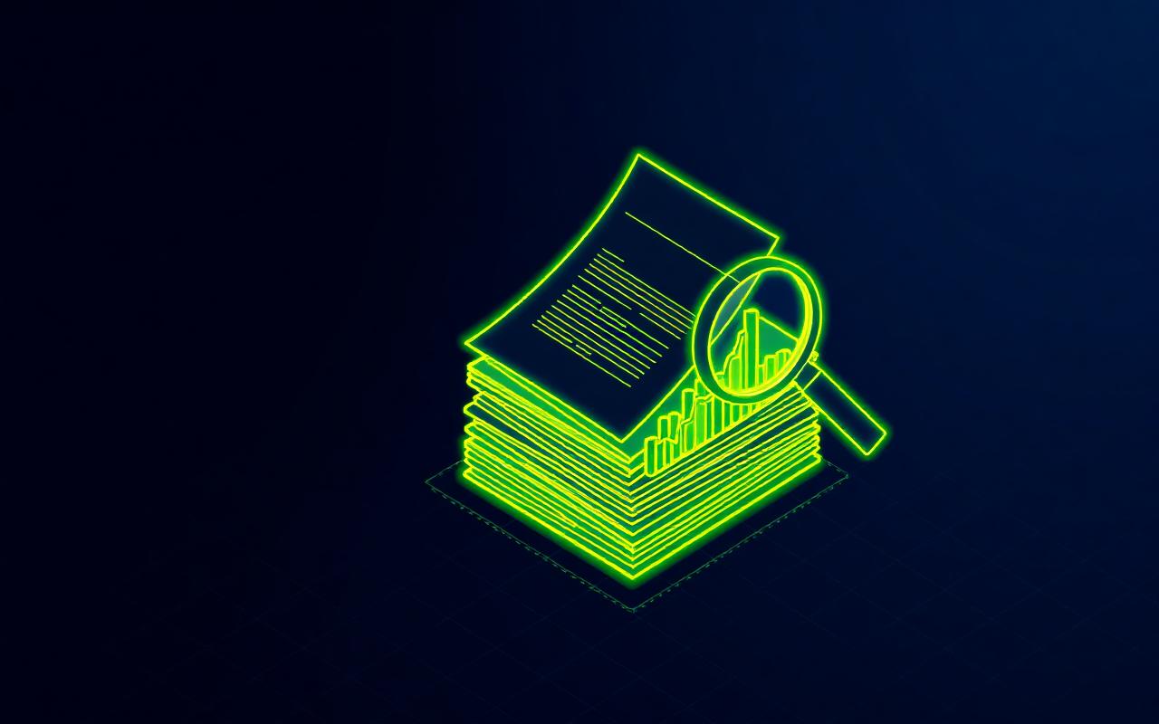 Line illustration of research documents reviewed under a magnifier