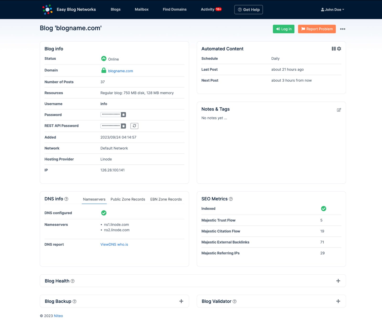 Easy Blog Networks per-blog view showing hosting provider, IP, nameservers, DNS status, indexation and Majestic SEO metrics